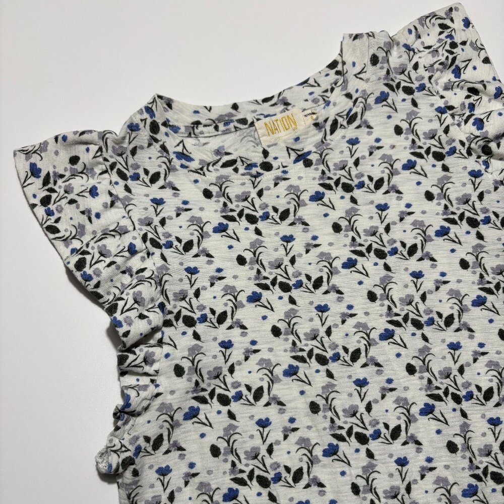 Nation LTD White Floral Ruffle Sleeve Tank with Blue and Black Print